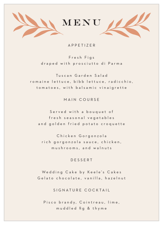 Shining Laurels Wedding Menus