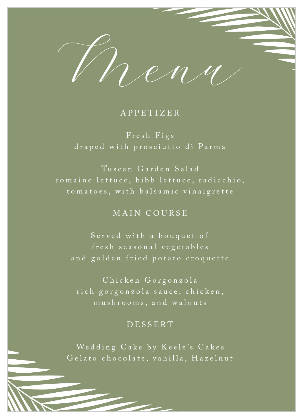 Palm Love Wedding Menus
