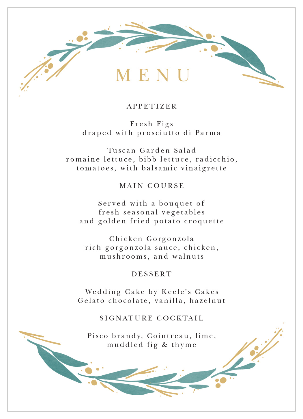 Vignes Vines Wedding Menus