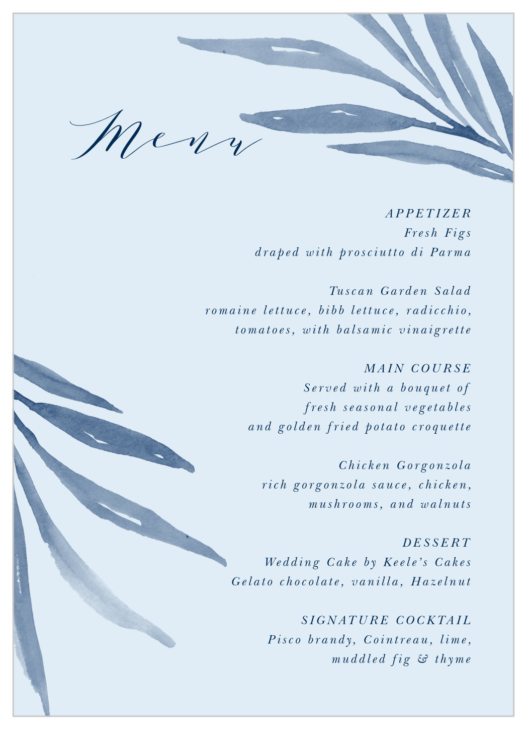 Serenity Leaves Wedding Menus