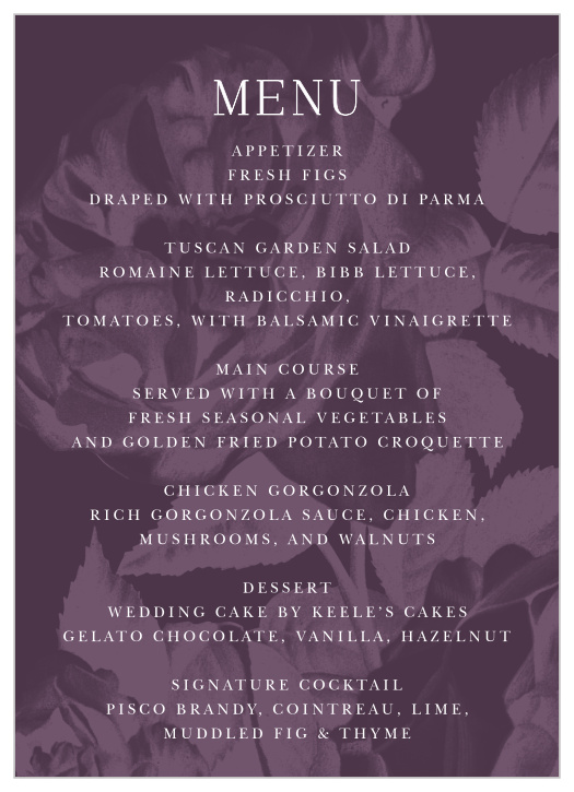 Inform your family and friends what you have served on the night of your wedding with our Floral Overlay Wedding Menus.