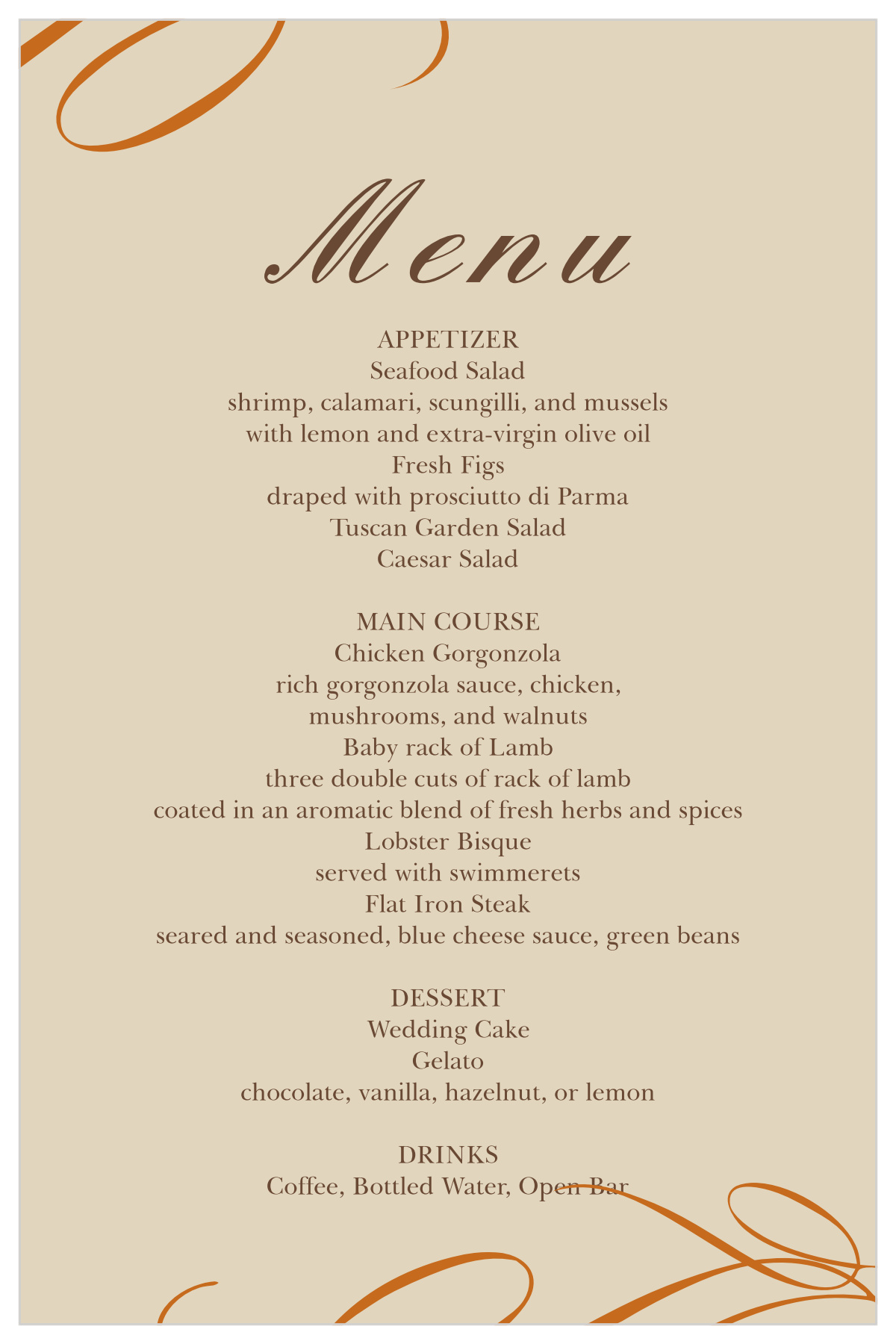 Elegant Fall Scrolls Wedding Menus