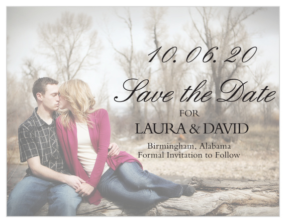 Our Elegant Fall Scrolls is a photo save the date magnet with a gradient overlay that emphasizes the wedding day details. With this traditional design, you can change all the colors and fonts in order to match your wedding scheme. Personalize the card and see your modifications instantly!
