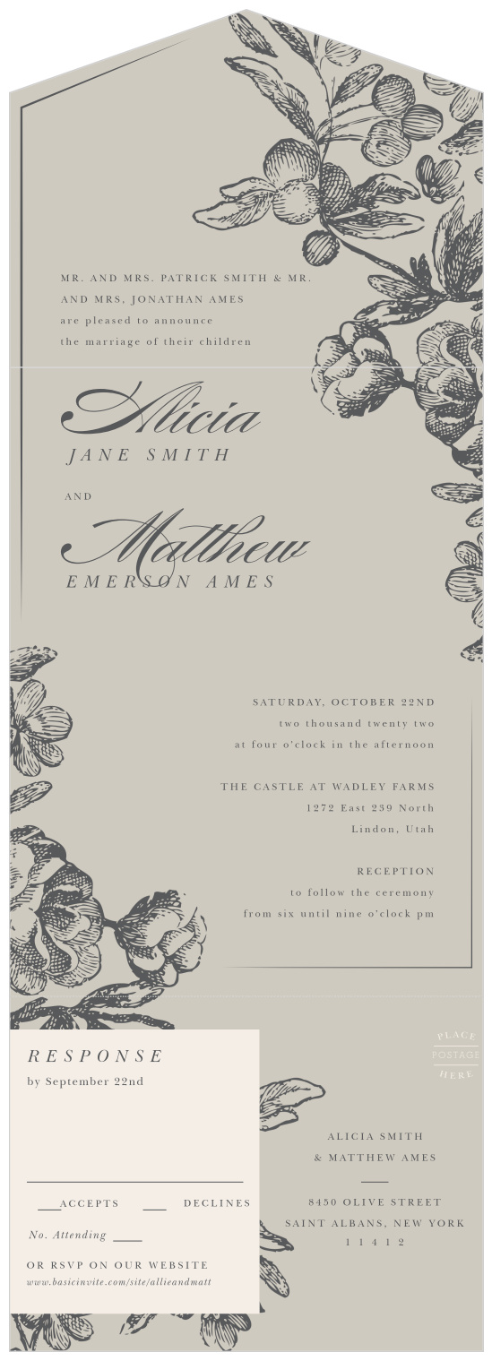 You couldn't ask for a more lovely vintage design for kickstarting your big day than our Engraved Floral Seal & Send Wedding Invitations!