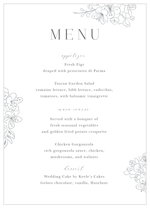 Dress your wedding in stunning elegance with our Sketched Florals Wedding Menus.