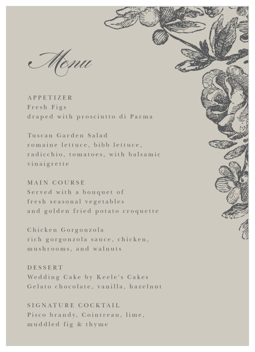 You couldn't ask for a more lovely vintage design for displaying your event's meal options than our Engraved Floral Wedding Menus! 