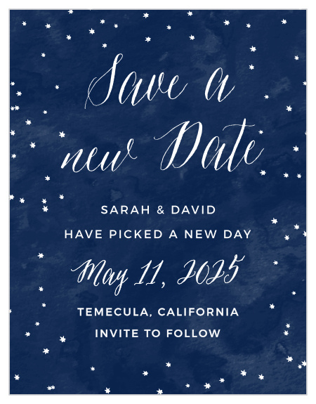 Let your loved ones know that you are postponing your wedding due to unforeseen circumstances with our Beautiful Night Change the Date Cards