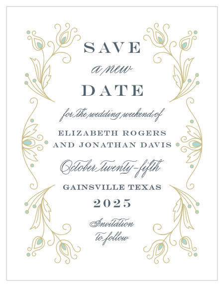 Our Peacock Flourish Change the Date Cards are perfect for letting your family and friends know you are postponing your wedding due to unforeseen circumstances.
