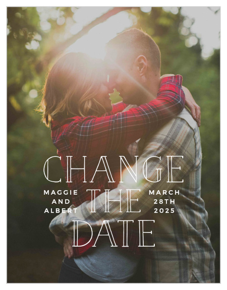 Our Photographic Love Change the Date Cards let your family and friends know you are postponing your wedding due to unforeseen circumstances. 