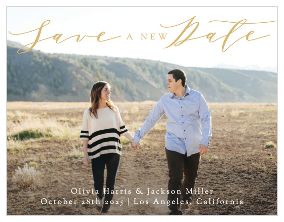 Let your family and friends know that your big day has been postponed due to unforeseen circumstances with our Simple Romance Change the Date Cards. 