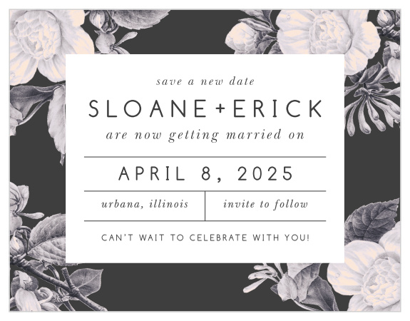 Inform your family and friends that you are postponing your special day due to unforeseen circumstances with our Stormy Florals Change the Date Cards. 