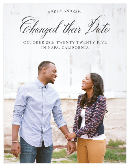 Our Timeless Script Change the Date Cards are the perfect, simple design to quickly and easily let your guests know that your event has been postponed!