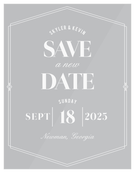 Inform your loved ones that you will be rescheduling your wedding due to unforeseen circumstances with our Deco Glam Clear Change the Date Cards.