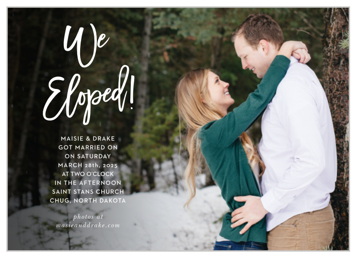 Let your friends and family know that you recently got married with our Warm Woods Elopement Announcements. 