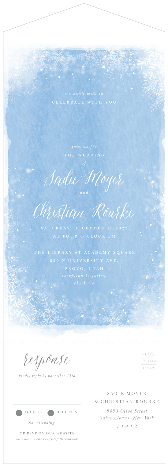 There's no better way to decorate a winter wedding than with a snow filled frosty invitation! Our Cozy Frost Seal & Send Wedding Invitations feature a frosty blue background with snow flurries freezing over the surface like glass on a cold winter day.