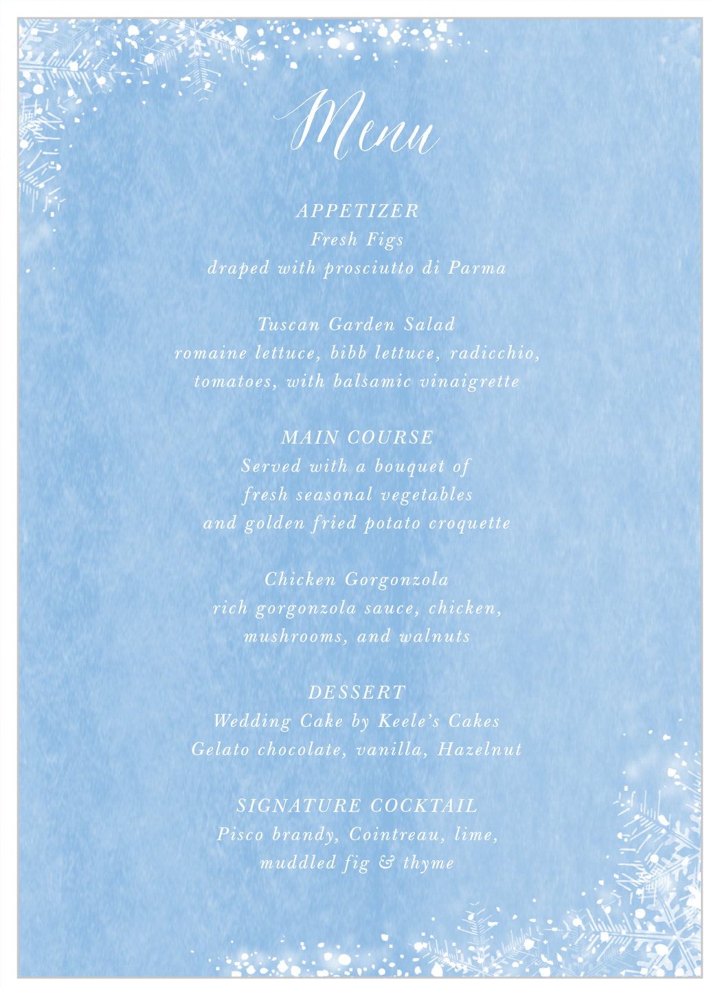 Cozy Frost Wedding Menus