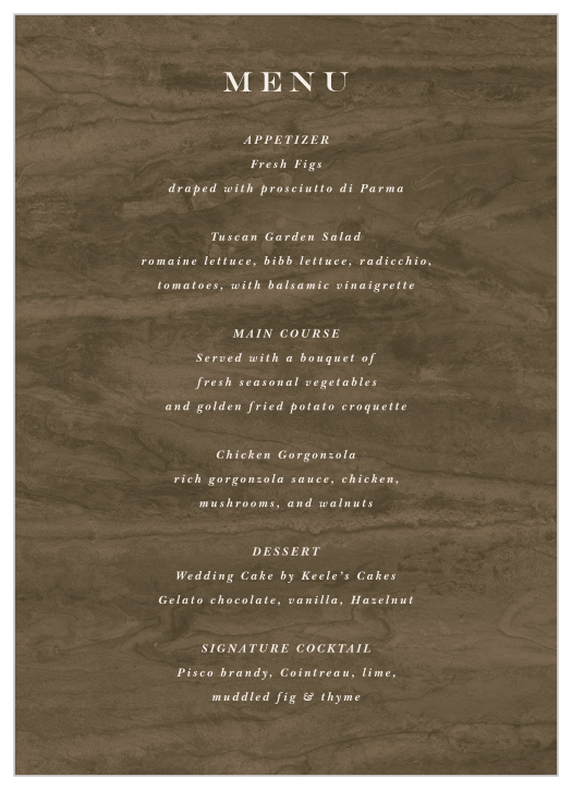 Inform your family and friends of every delicious food that will be served on your big day with our Timeless Wood Wedding Menus. 