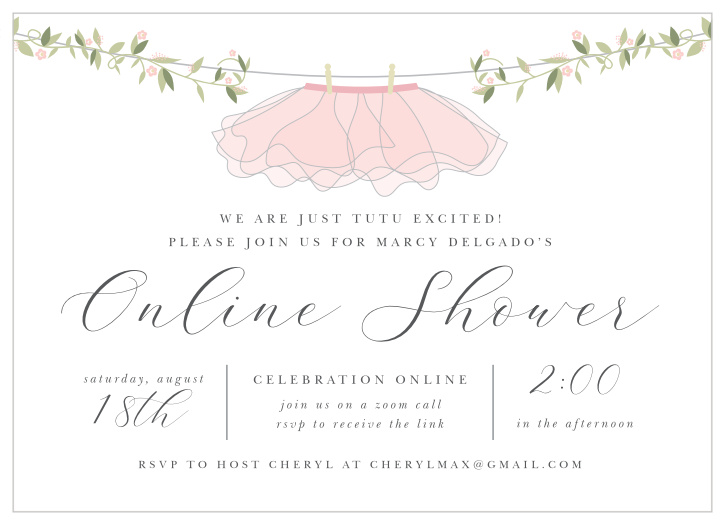 Long distance can still be a celebration with our Tutu Excited Long Distance Baby Shower Invitations!