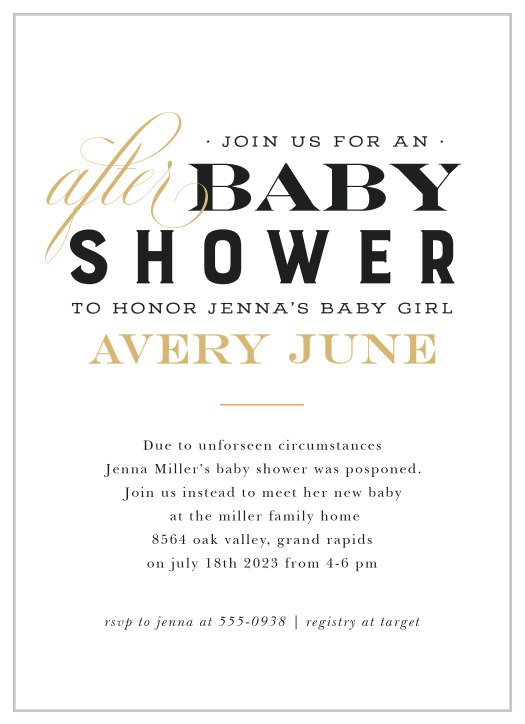 Surround yourself with family and friends to celebrate your bundle of joy after the fact with our After Shower Baby Shower Invitations.