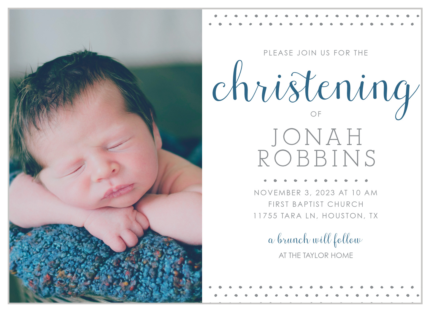 Polka Dot Border Boy Christening Invitations