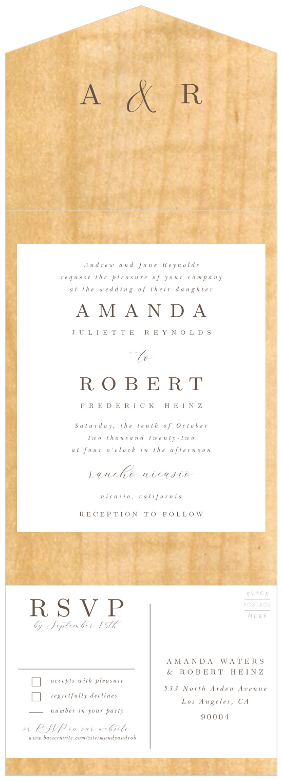 Gather family and friends to celebrate your marriage with our Refined Woodgrain Seal & Send Wedding Invitations. 