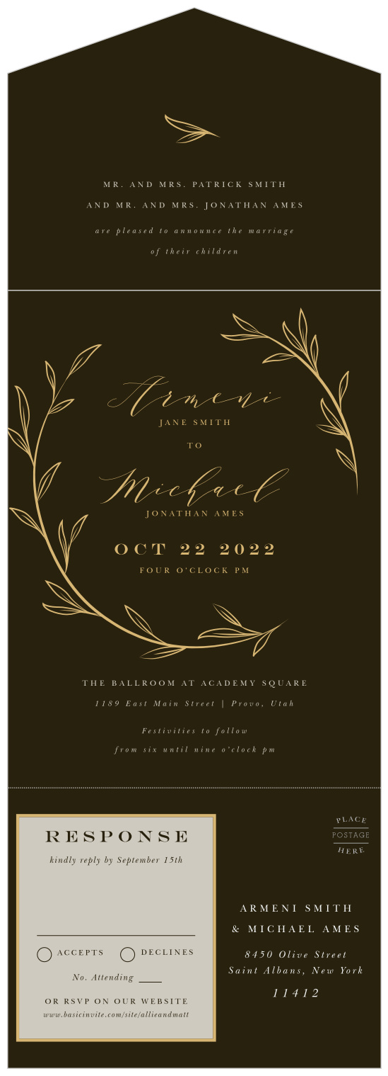 The dark base of our Vine Wreath Seal & Send Wedding Invitations allows any foil to shine at its full potential!
