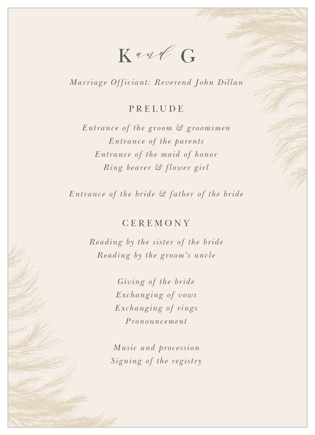 Pampas Boho Wedding Programs