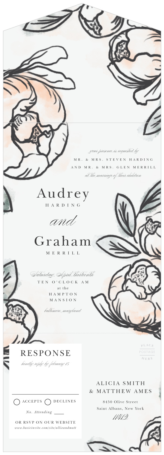 Our Peony Sketch Seal & Send Wedding Invitations are the perfect combination of wedding invitations, rsvp cards, and envelopes in one!