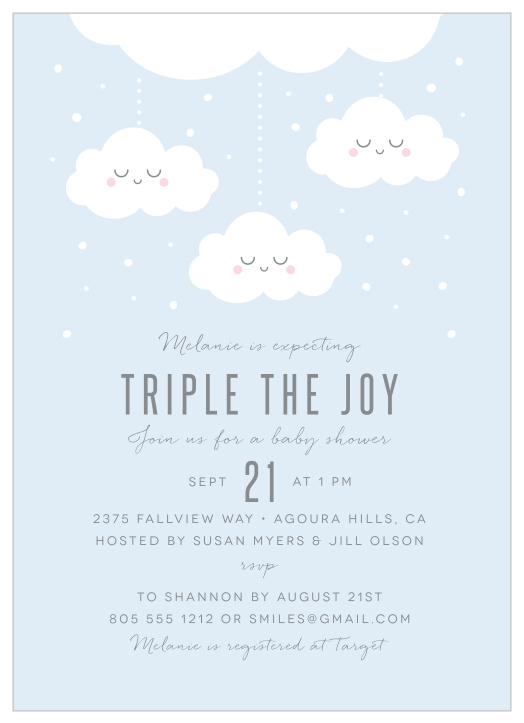 Surround yourself with family and friends to help welcome the newest additions to your family with our Cloud Triplets Baby Shower Invitations.