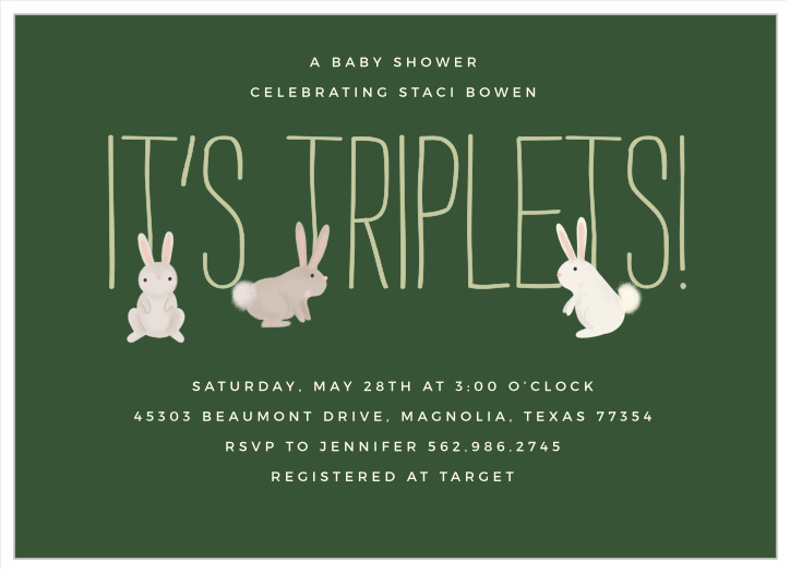 Our Bunny Triplets Baby Shower Invitations are the perfect way to gather your friends and family for your baby shower fun!