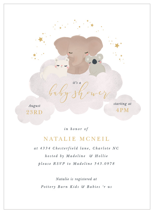 Surround yourself with family and friends to celebrate your bundle of joy on the way with our Starry Animals Baby Shower Invitations.