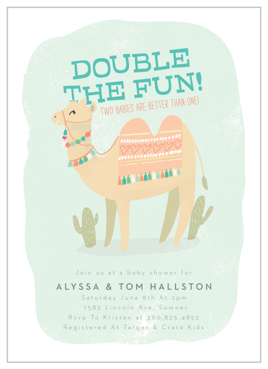 There's no cuter way to kickstart your twins-shower than by inviting your friends and family to join, using our Mama Camel Baby Shower Invitations!