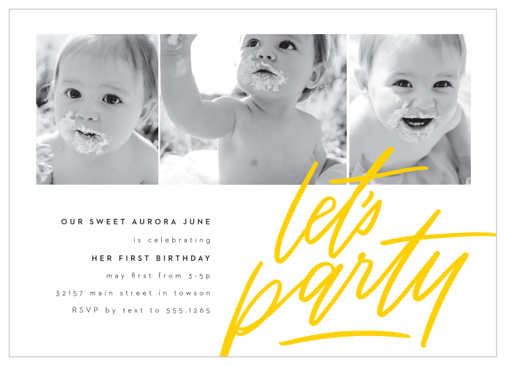Don't feel that you have to choose just one photo to represent your baby's first year on their party invitations. Our Let's Party First Birthday Invitations provide a row of three spaces for your favorite photos.