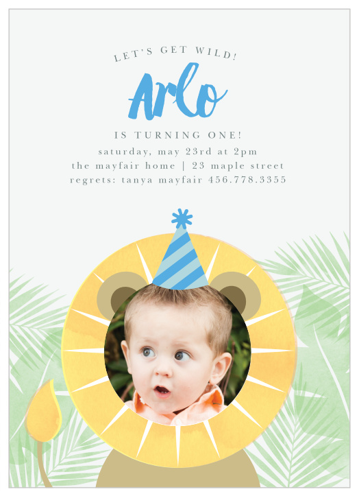 Gather family and friends to celebrate your child's special day with our Safari Lion First Birthday Invitations.