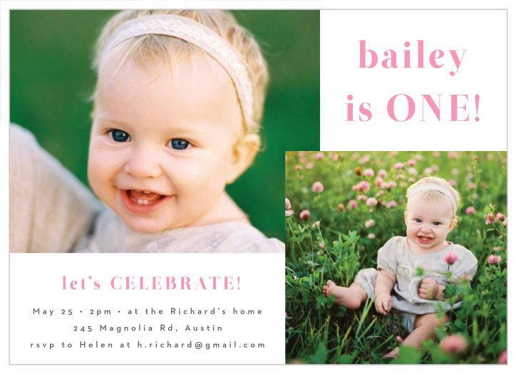 Bring family and friends together to celebrate your little one's upcoming special day with our Photo Overlap First Birthday Invitations. 