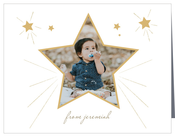 Allow your child to show their appreciation for all of their first birthday party guests, with our Glittering Starburst First Birthday Thank You Cards!