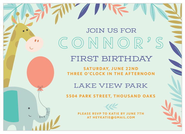 Invite friends and family to celebrate like party animals for your child's first birthday, with our Jungle Friends First Birthday Invitations!