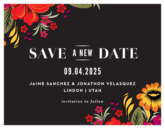 Need to change plans? No problem. Our Spanish Florals Change the Date Cards are here to make things a little easier.