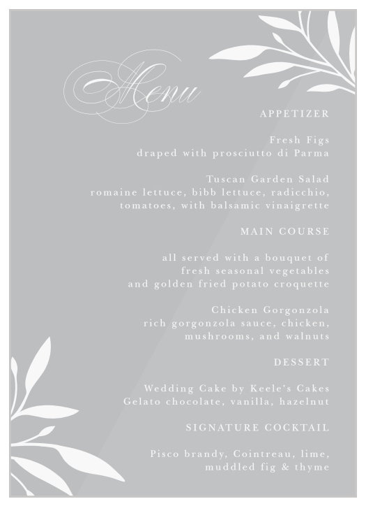 Inform family and friends what delicious foods will be served at your reception with our Delicate Greenery Clear Wedding Menus. 