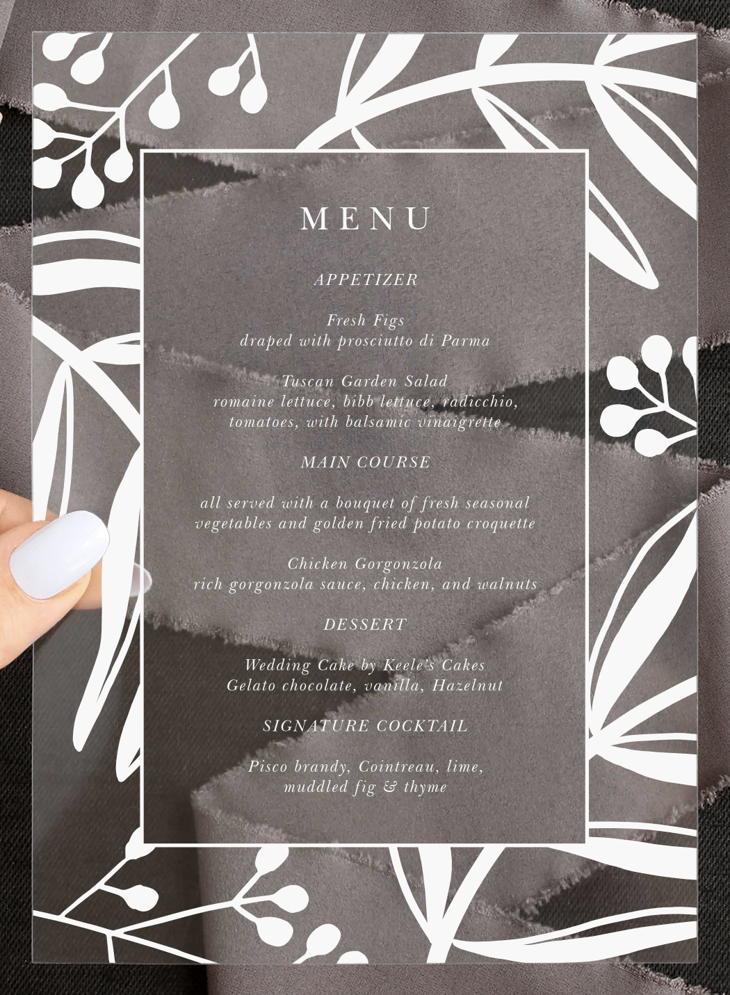 Stamped Foliage Clear Wedding Menus