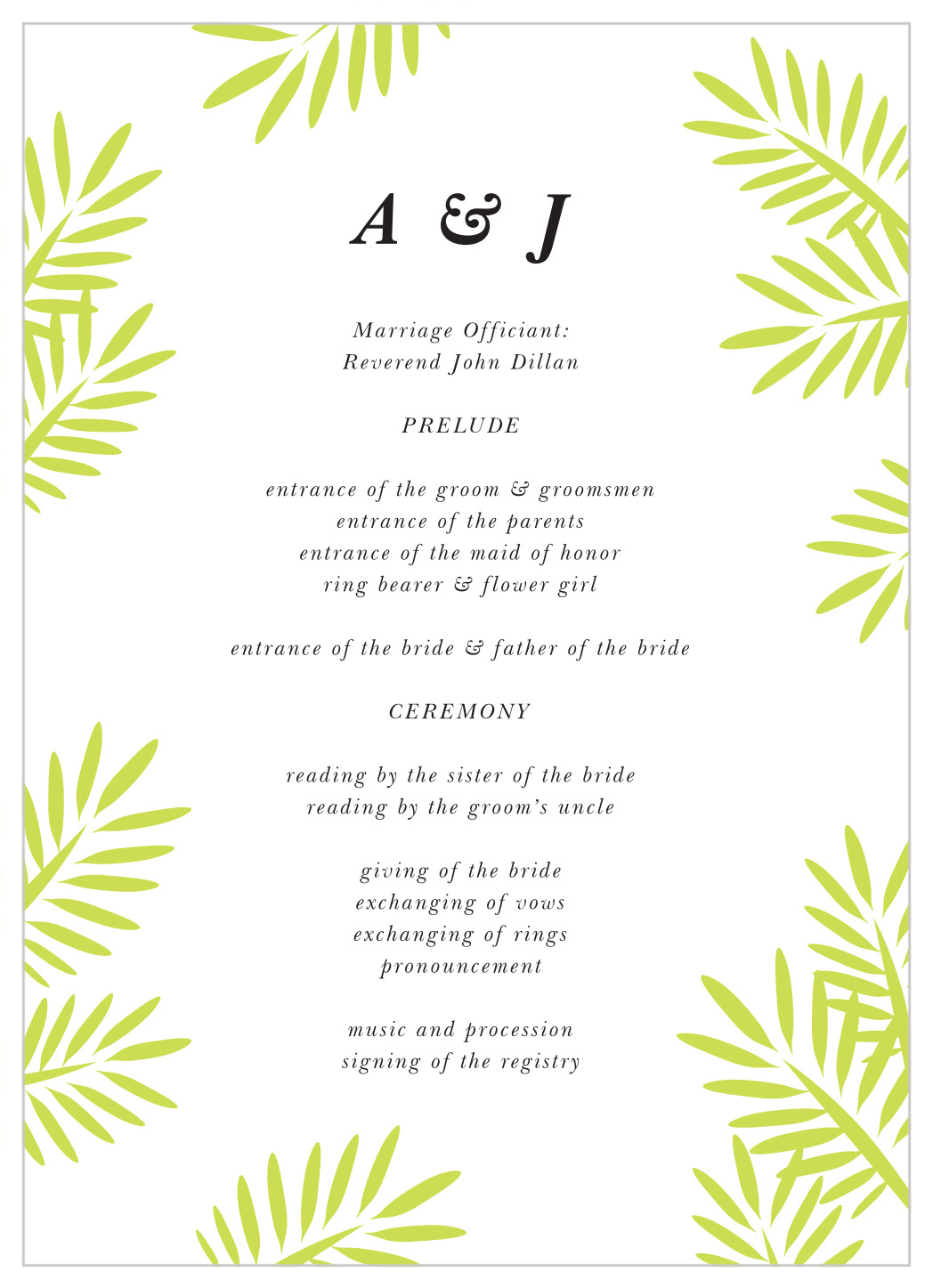 Frame of Fronds Wedding Programs
