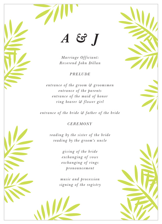 Walk family and friends through every step of your marriage ceremony with our Frame of Fronds Wedding Programs.