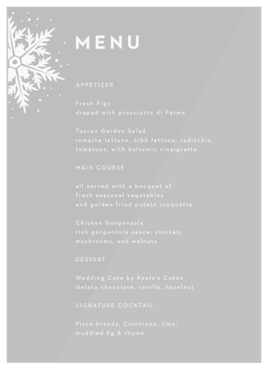Share your wedding information in wintery wonder with our Stunning Snowflakes Clear Wedding Menus. 