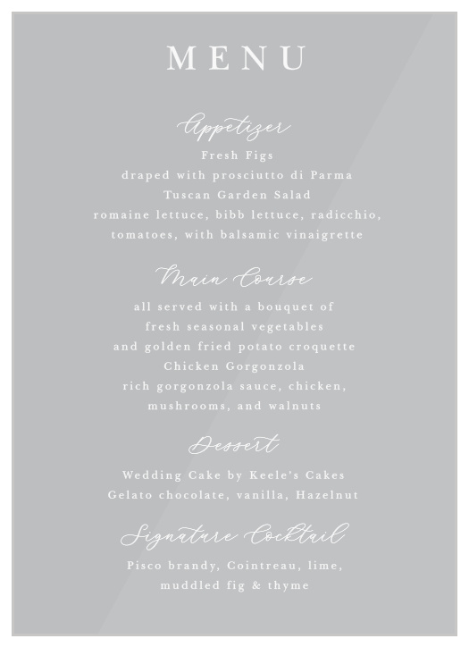 Inform family and friends what delicious foods will be served at your reception with our Delicate Devotion Clear Wedding Menus.