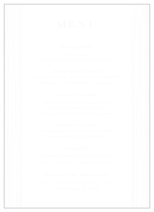 Describe every delicious food that will be served at your reception with our Down The Aisle Clear Wedding Menus. 