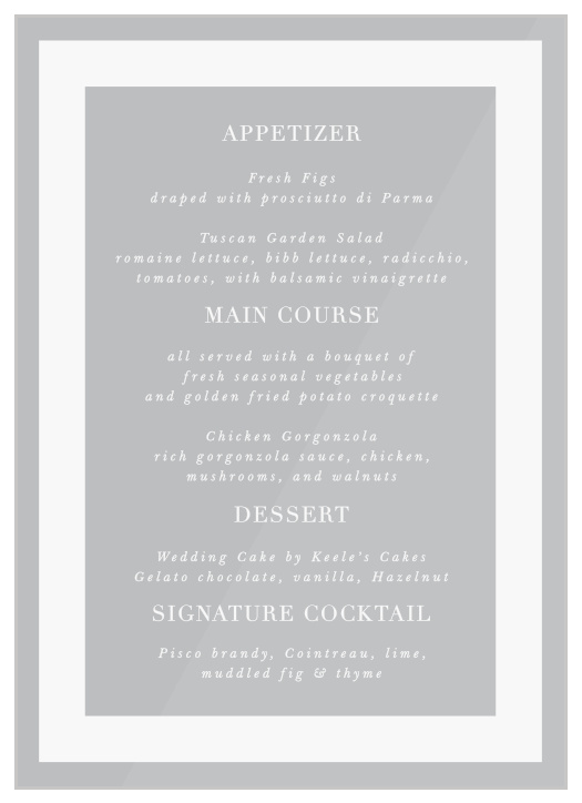 Beautifully outline the courses of your event's meal with our Bold Bordering Clear Wedding Menus!