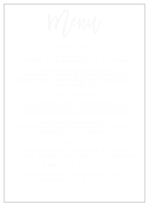 Our Textured Script Clear Wedding Menus describe every delicious food that will be served at your reception to family and friends.