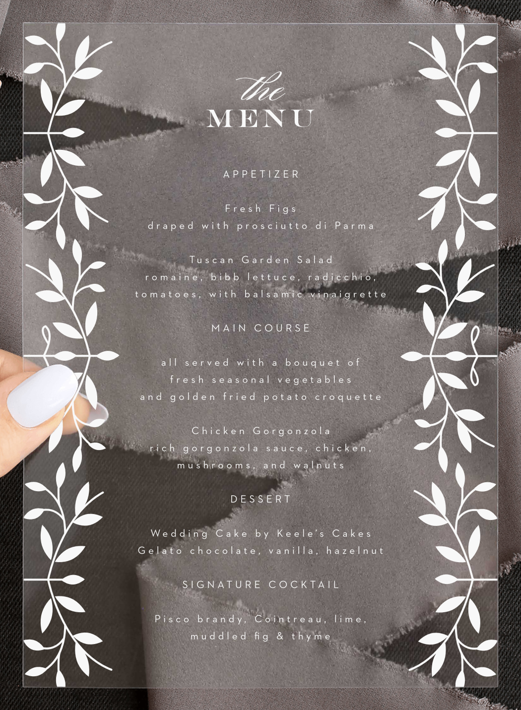 Laced in Laurels Clear Wedding Menus