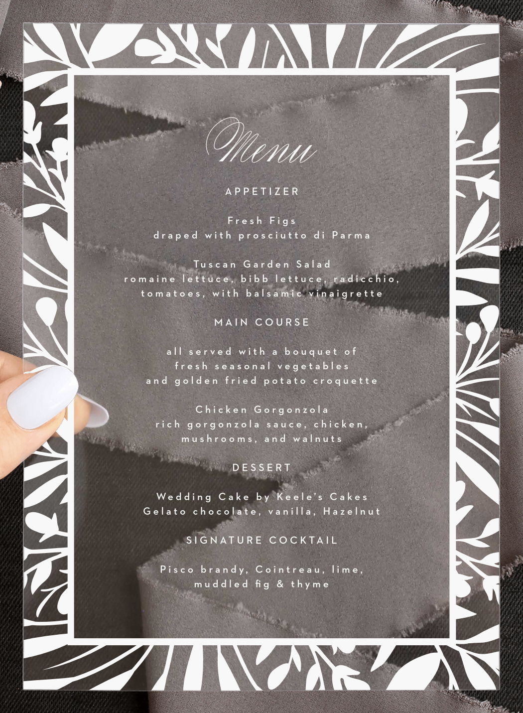 Botanical Burst Clear Wedding Menus