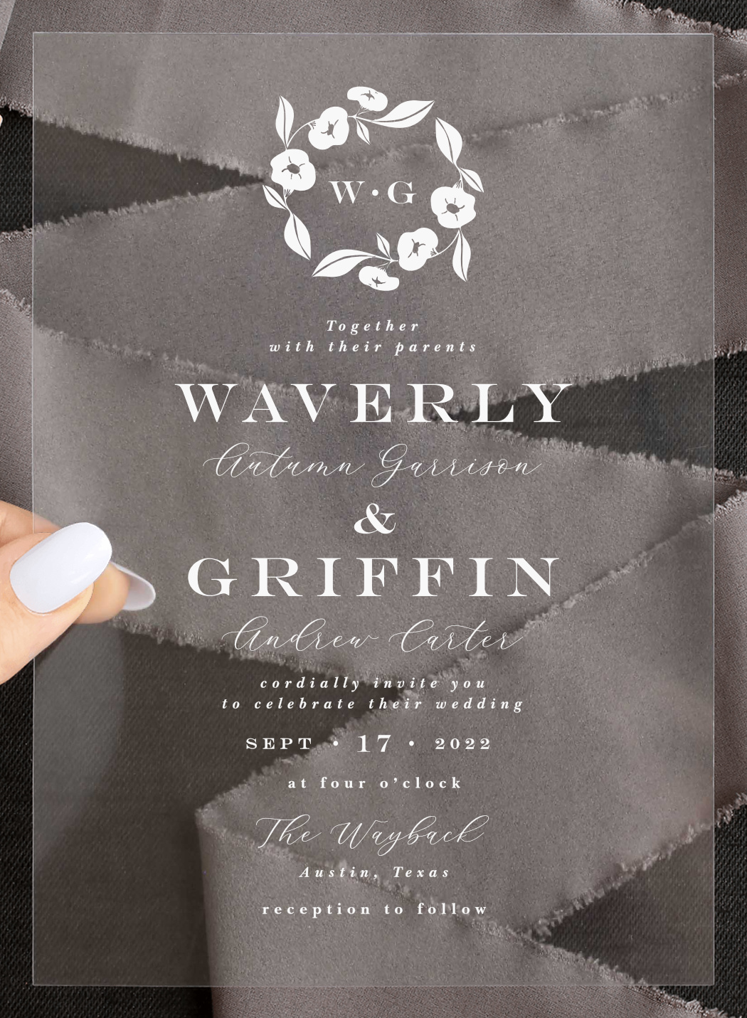 Graphic Wreath Clear Wedding Invitations